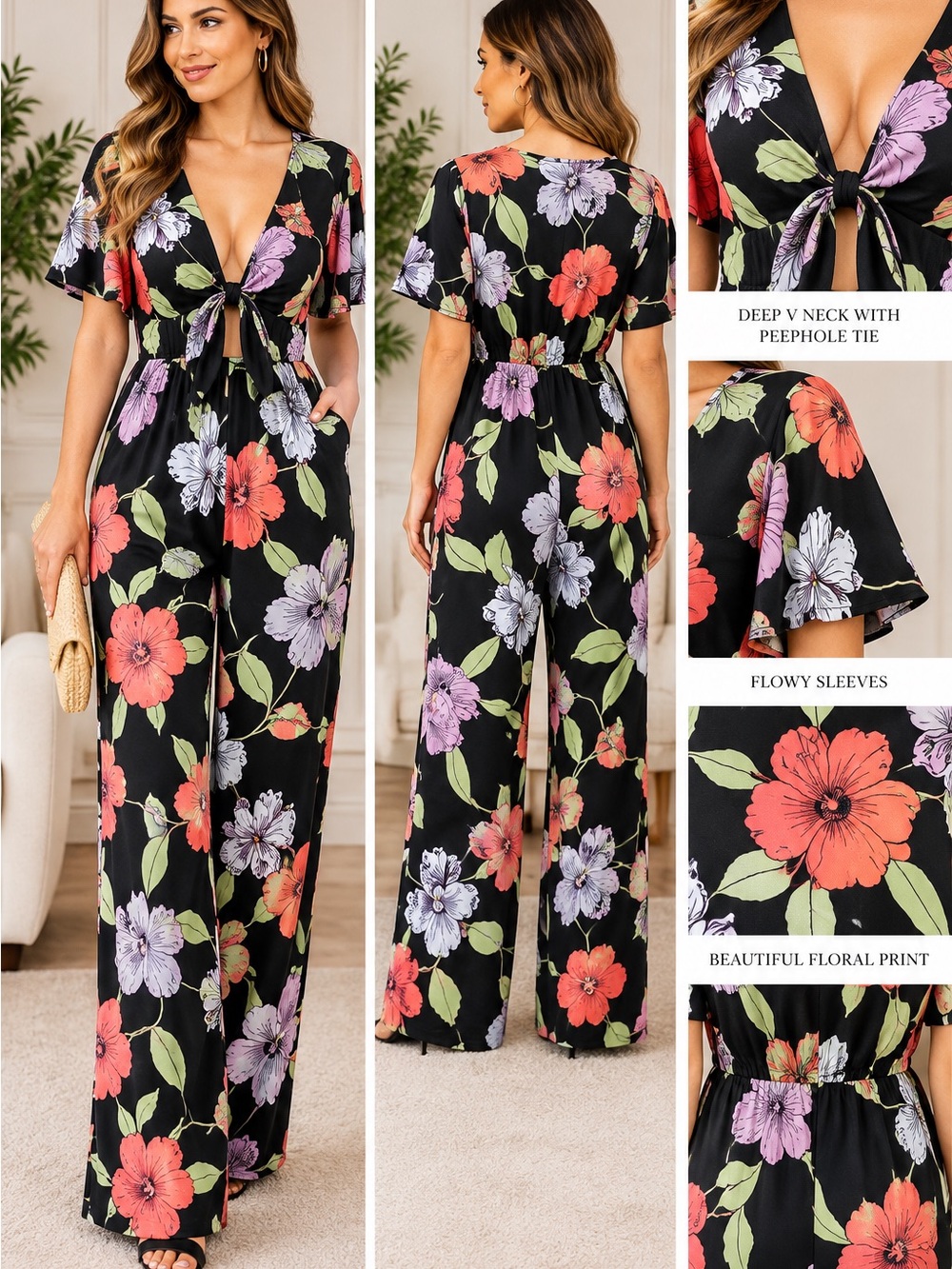Urban Outfitters Black Floral Tie-Front Wide-Leg Jumpsuit